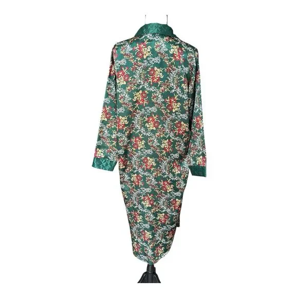 Vintage Gold Label VS Green Floral Satin Nightshirt Robe Quilted Collar (P)